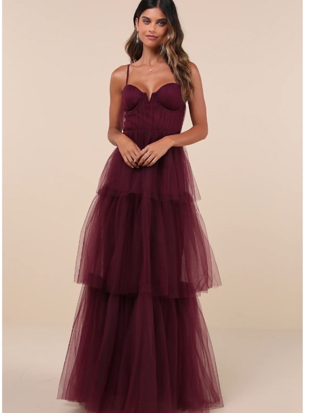 NWOT Lulus Unforgettable Poise Plum Purple Tulle Bustier Tiered Maxi Dress L - Picture 2 of 5